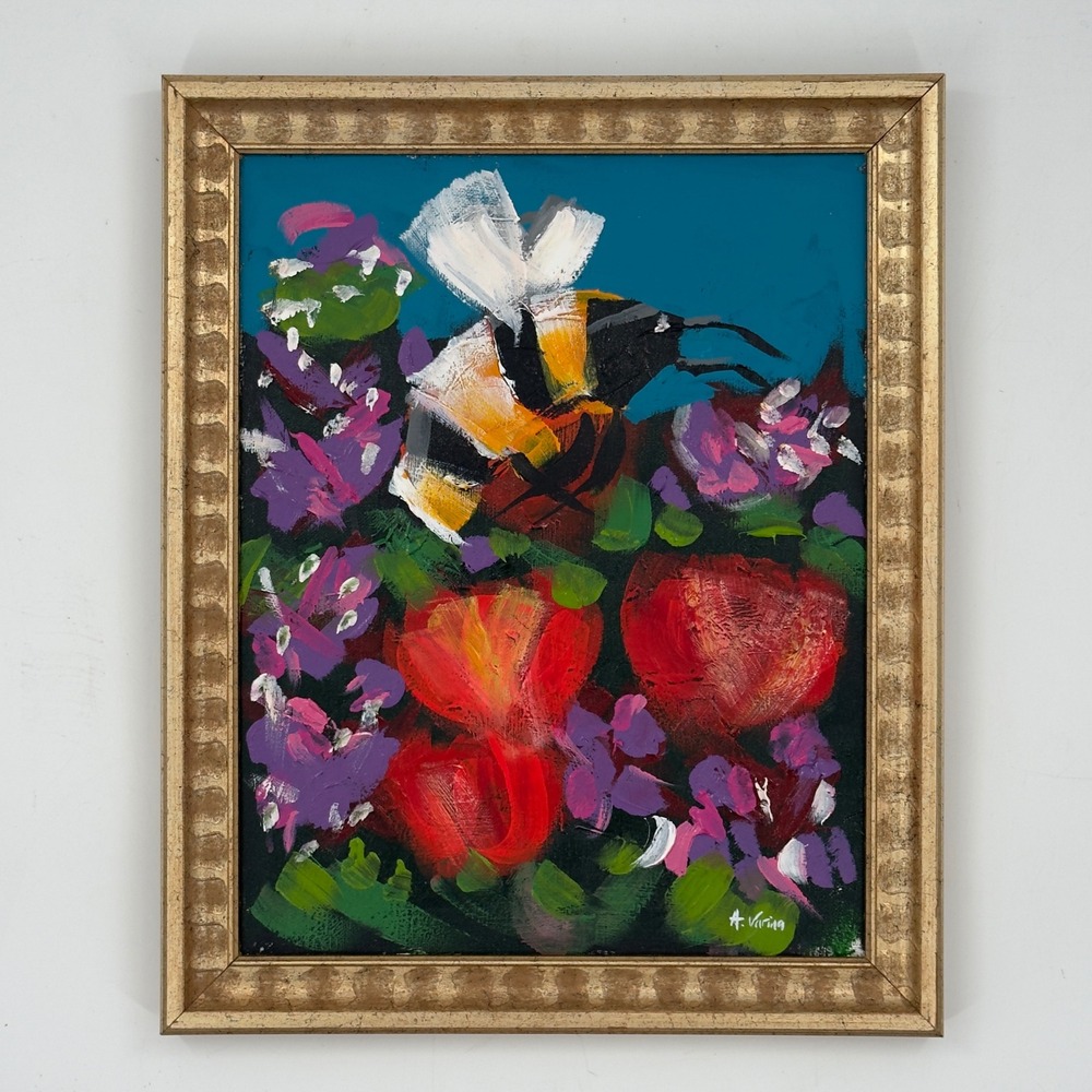Original Painting Bumblebee and Flowers on Canvas Gold Frame